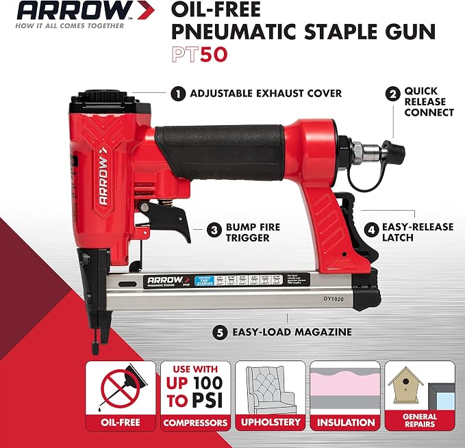 Arrow PT50 Oil-Free Pneumatic Staple Gun, Professional Heavy-Duty Stapler for Wood, Upholstery, Carpet, Wire Fencing, Fits 1/4”, 5/16”, 3/8", 1/2", 9/16” Staples , Red | Professional Stapler for Wood, Upholstery, Carpet, Wire Fencing, Fits 1/4", 5/16",...