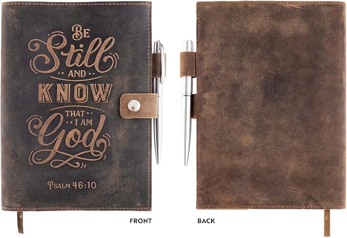 moonster Refillable Psalm 46:10 Bible Verse Embossed Journals with Pen – Milled A5 Leather Journal Lined Paper - Journals for Women Notebook with Pen Holder - 320 Pages