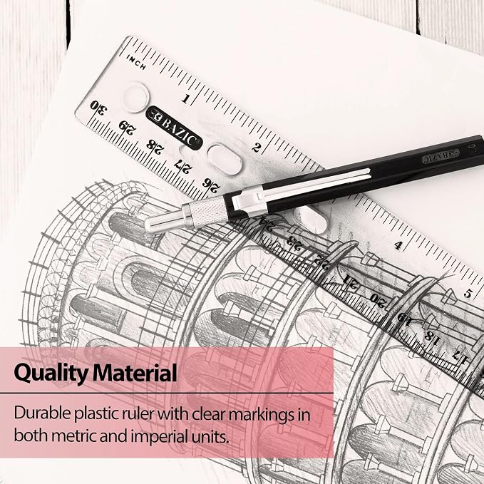 BAZIC Products 12 in Clear Plastic Ruler, Inch & Metric (30 cm), 4-Pack | clear inch and centimeter marks for measuring and drawing straight lines