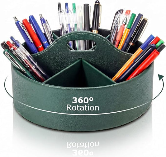 360° Rotating Leather Desk Storage Organizer with 6 Slots and Handle Extra-large Pen Holder Spinning Pencil Storage Lazy Susan Organizer Office Desk Supplies Marker, Art Supply(Green)