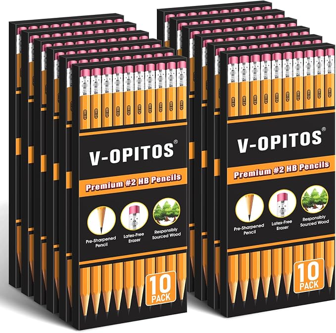 V-Opitos 120 Pack Bulk Pre-Sharpened Wood-Cased #2 HB Pencils | Top Erasers, School Teacher Supplies, Writing, Drawing, Sketching, Classroom Supplies
