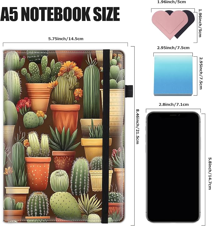 Hardcover Executive Notebooks, A5 PU Leather Lined Journal Notebook, 200 Pages Thick Paper Subject Notebooks for School,Work,Home Writing Business Notebook, Diary Book ，Cactus Plant
