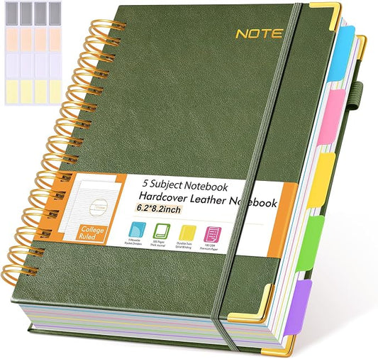 Hardcover Spiral Notebook with Removable Dividers Tabs, 300 pages Leather 5 Subject Notebook College Ruled, 6.2" x 8.2" Journal for Women Men, Small Notebooks for Work School Note taking,A5 Green