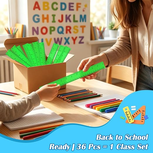 36 Pack 12 Inch Clear Green Plastic Rulers Bulk, Transparent Metric Rulers with Centimeters and Inches, Straight Measuring Rulers for Back to School, Kids Classroom School Office Home Supplies