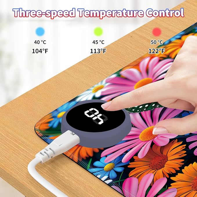 Heated Desk Pad Large Mouse Pad 23.6 x 14.1 inch with 3 Levels Heating & Auto Shut-Off Warm Mouse pad PU Leather Computer Mousepad for Home Office Work - Colorful Flowers and Butterflies