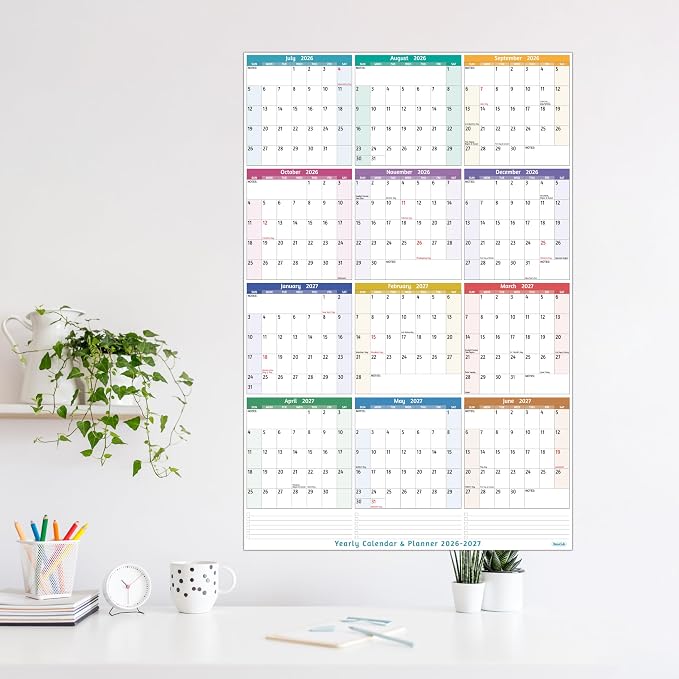 Yearly Wall Calendar 2026-2027 - Large Yearly Calendar 2026-2027, Jul 2026 - Jun 2027, 25.2'' x 38.2'' (Open), Yearly Calendar 12 Months, with To-do Lists, Notes, Stickers, All At One Page