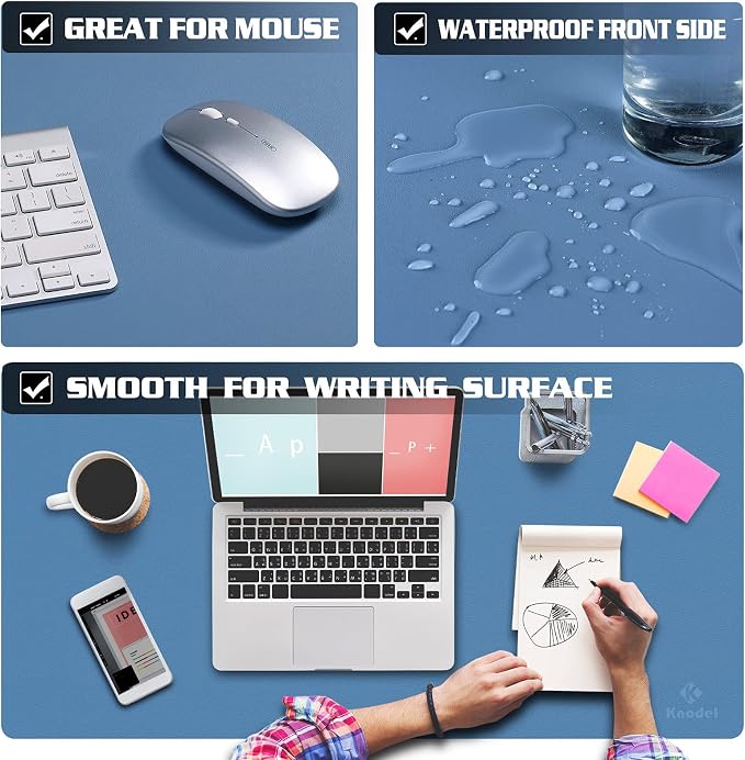 K KNODEL Small Desk Protector Mat, Leather Desk Pad (23.6"x13.8", Blue) | Non-Slip Desk Mat, Desk Pads and Blotters, Desktop Mat, Desk Protector and Cover, Office Computer, Laptop and Keyboard Mat