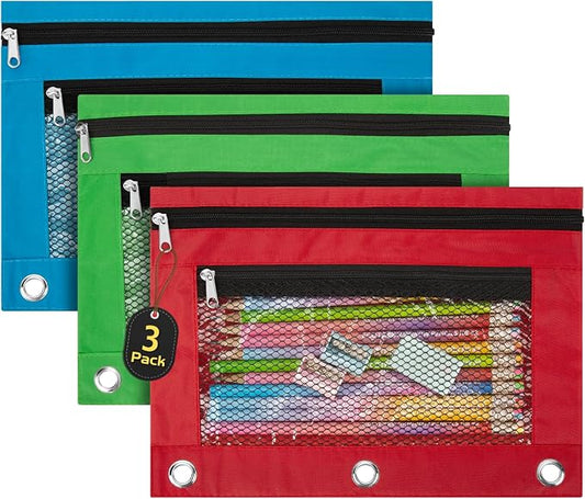 IKAYAS 3 Pack Pencil Pouch for 3 Ring Binder with Zipper, Pencil Pouch Bags for Classroom, Storing School Students Teacher Supplies, Red Green Blue
