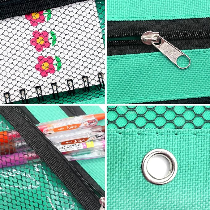 Pencil Pouch for 3 Ring Binders Zippered Pencil Case Canvas Pencil Bag with 2 Compartments (Set of 2, Pastel Green)