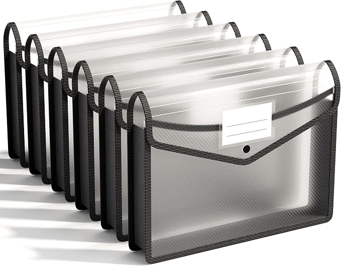 ABC life 6-Pack Plastic Expanding File Folders, Folders for Documents with Snap Closure, Large Capacity Document Envelopes, Fits Letter/A4 Size Paper - Black