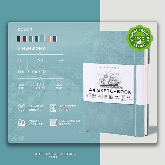 Beechmore Books A4 Mixed Media Sketchbook - 8.5"x11" Hardcover Lay-Flat Art Journal, 160 GSM / 98 lb Professional Ivory Paper, 156 Perforated Pages, Gift Box, Ink, Drawing and Light Watercolor