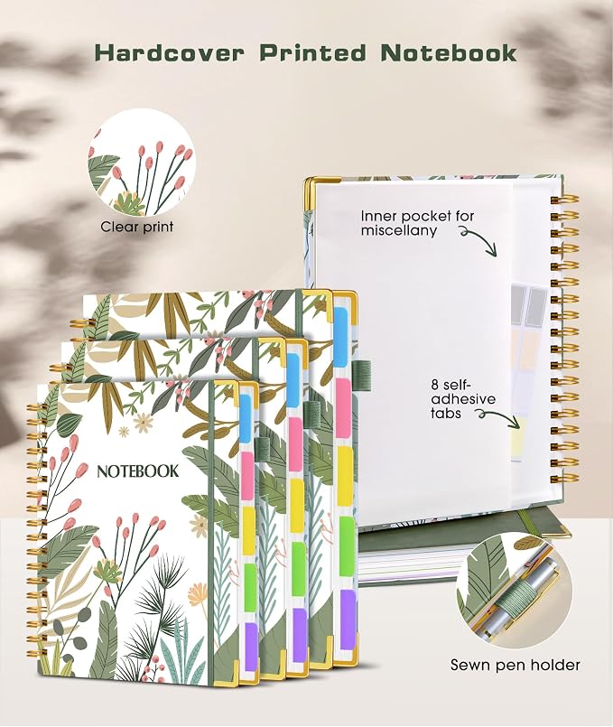 Hardcover Spiral Notebook journal with Removable Dividers Tabs, 300 Pages 5 Subject Notebook College Ruled, 100GMS Notebooks for Work School Note taking,Lined Journal for Women,A5 Colorful Botanicals