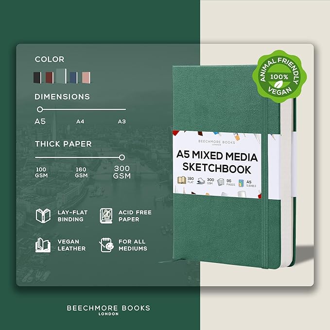 Beechmore Books 300 GSM Heavyweight Mixed Media Sketchbook A5 5.8"x8.3" - 96 Pages, Vegan Leather Hardcover Professional Art Journal for Paintings, Gouache and Ink