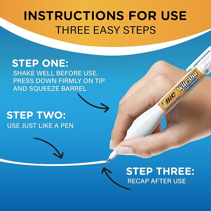 BIC Wite-Out Brand Shake 'n Squeeze Correction Pen, 8 ML Correction Fluid, School Supplies for Students and Teachers, Fast and Precise, 4-Count Pack in White