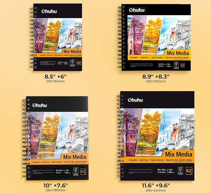Ohuhu Mix Media Pad, 8.8" x 11.6" Mixed Media Art Sketchbook, 120 LB/200 GSM Heavyweight Papers, 62 Sheets/124 Pages, Spiral Bound Mixed Media Paper Pad for Acrylic, Painting Christmas Gift