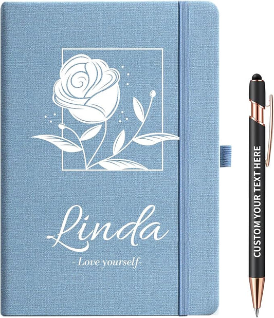 Personalized Notebook with Pen - Customizable A5 Journal Notebook Daily Journals For Writing - 5.8 x 8.3 Journal with 192 Pages 100Gsm Lined Paper for School, Travel, Business, Blue