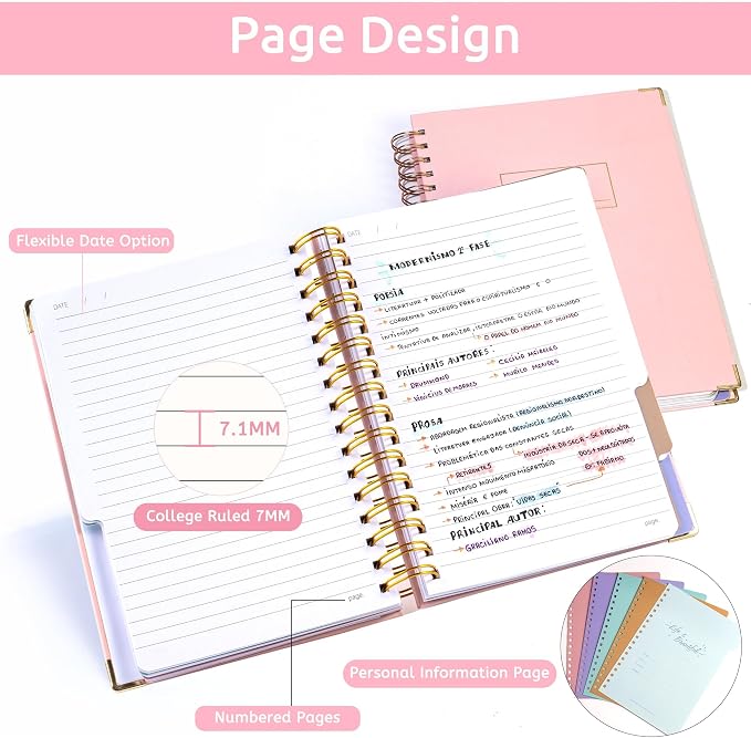 Yoment Hardcover Spiral Notebooks for Work School Note Taking, 6.1"x8.3" Journal Notebook with Tabs Dividers, Multi 5 Subject Notebook College Ruled, 200 Pages Lined Journal for Women, Pink