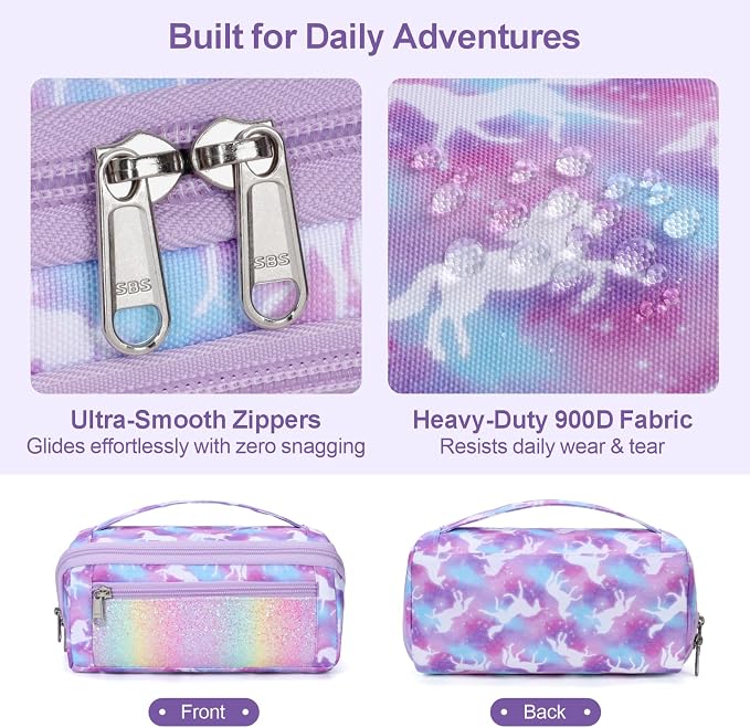 Large Pencil Case for Girls - Aesthetic Pencil Pouch for School | Kids Pencil Case & Wide Handle, Water Resistent Organizer, Box Fits 50 Pens & Markers, Daily Use, Purple Unicorn