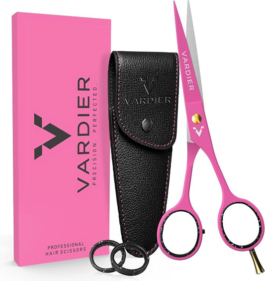 6.5” Hair Cutting Scissors – Professional Stainless Steel Barber Shears with Micro-Serrated Blades, No-Slip Precision Cut – Gift-Boxed with Leather Pouch for Salon & Home (Pink)