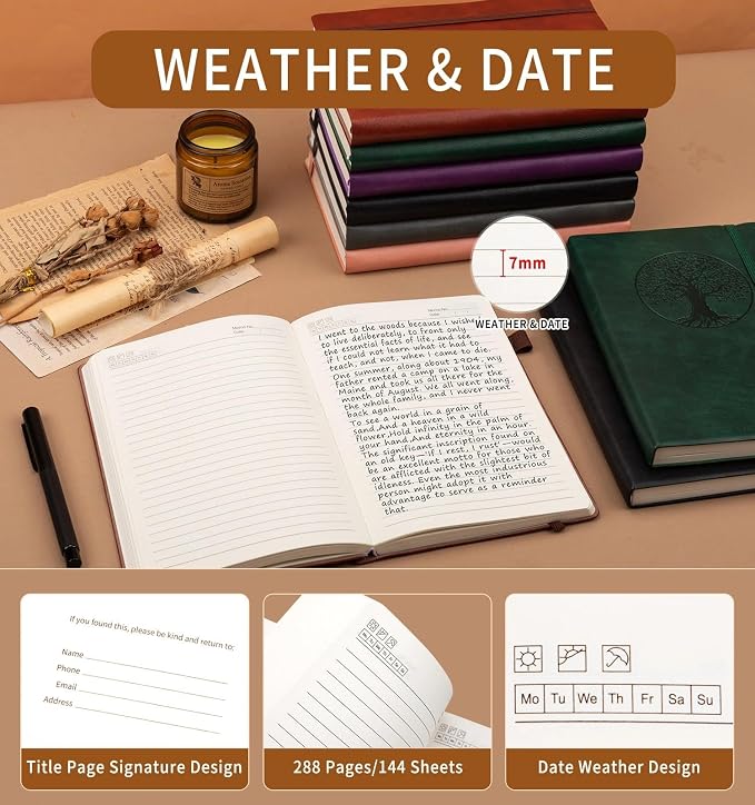 Lined Journal Notebook, A5 Leather Vintage Journals for Writing, 288 Pages College Ruled Notepad for Women Men, Vegan Leather Daily Notebook for Work, School, Travel, Note Taking(Tree of Life, Brown)