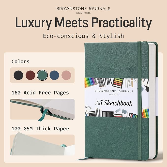 BROWNSTONE JOURNALS A5 Sketch Book Hardcover - 80 Sheets 100 GSM Paper 5"x8", Lay Flat, Vegan Leather Cover, Elastic Band, Back Pocket, Art Drawing Book (Dartmouth Green)