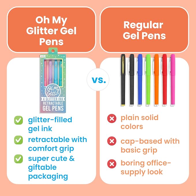 Ooly Oh My Glitter Gel Pens, Set of 4, Retractable | Ages 6+, Retractable, Cute School and Art Supplies for Girls, Planner Pen with Comfort Grip, for Decorations and Office Use