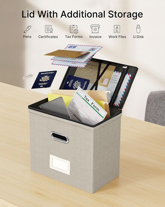 Oterri File Box Small 1-Pack Mesh Pockets Hanging Organizer for Letter-Size | Dustproof Lid. 3 Mesh Pockets. Collapsible Scratch-Resistant GRS Linen. Slide Rails. Office, Home, Dorm