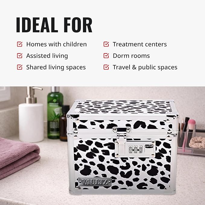 Vaultz Locking Medicine Box with Combination Lock - Secure Metal Lock Box Safe for Medication, Pills & Valuables, Small Lockbox with Code, Portable Storage Case, Leopard | Metal lock box, storage case for medication and small valuables, 3-digit combina...