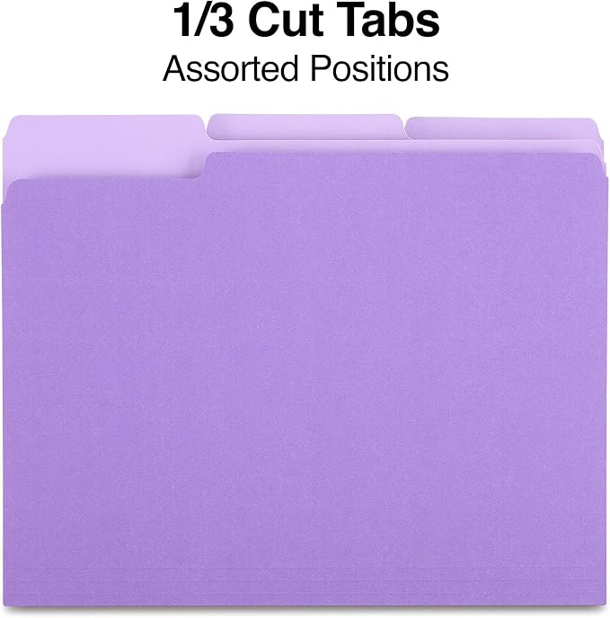 Staples Colored File Folders, Letter Size, 1/3‑Cut Tabs, Purple, Durable Paper Stock, 200/Carton