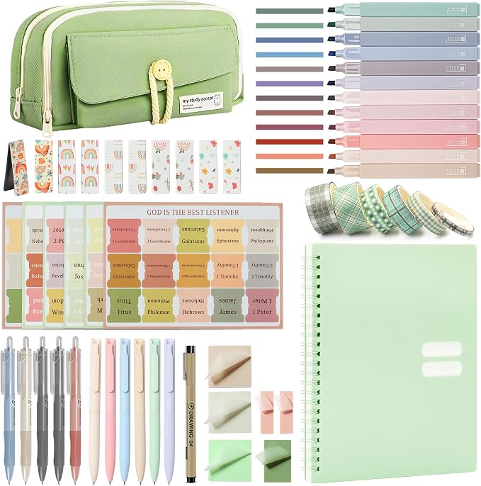 Bible Journaling Kit, Bible Study Supplies for Women | 12 Pastel No Bleed Highlighters, 6 Color Pens, 5 Black Pens, Bible Tabs, Sticky Notes, Pencil Case, Notebook, Christian Gifts