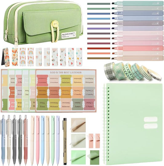Bible Journaling Kit, Bible Study Supplies for Women | 12 Pastel No Bleed Highlighters, 6 Color Pens, 5 Black Pens, Bible Tabs, Sticky Notes, Pencil Case, Notebook, Christian Gifts