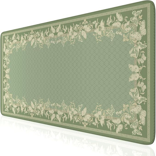 iCasso Floral Desk Mat for Keyboard and Mouse,Cute Gaming Mouse Pad XXL,Anti-Slip Desk Matt for Desktop,Soft Lycra Surface Computer Mat Women,Girly Big Mousepad for Home Office (Light Green)