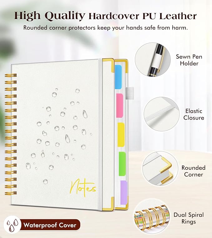 5 Subject Graph Paper Notebook with Removable Dividers Tabs, 300 Pages Hardcover Leather Grid Spiral Journal, 8"x10" B5 Large Graphing Notebooks for Women Men Work School College Engineering, White
