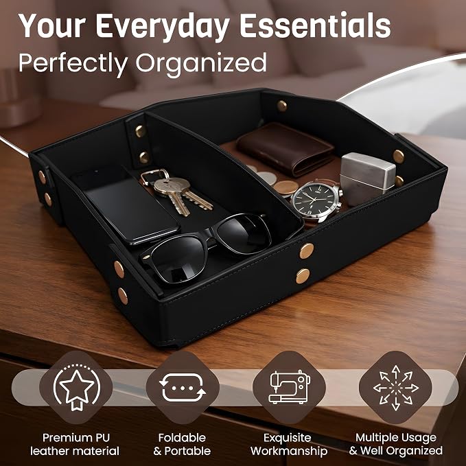 Valet Tray Organizer for Men & Women - PU Leather Catch All Tray with Removable Divider - EDC Storage for Keys, Watch, Phone - Nightstand, Dresser & Desk Organizer - Obsidian Black