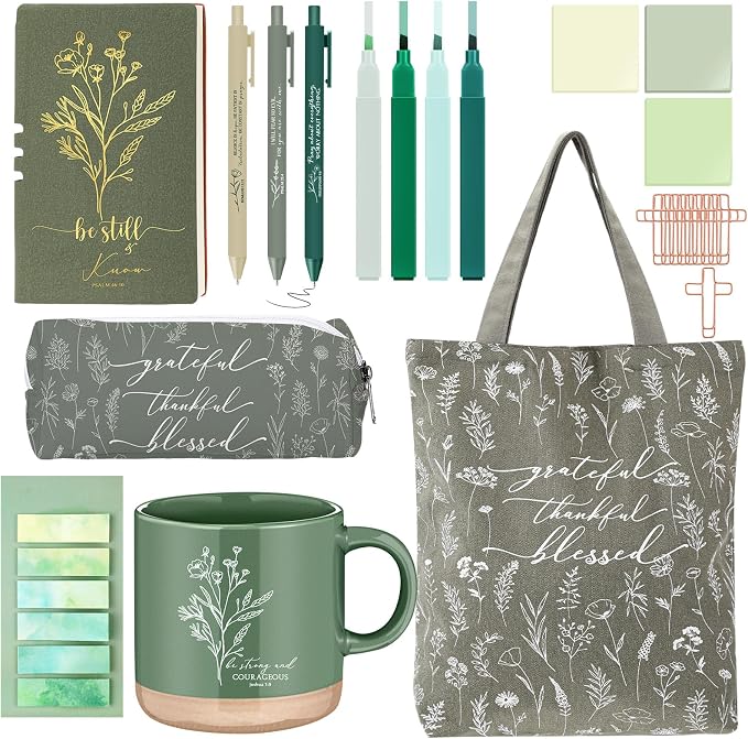Reallnaive 25 Pcs Bible Study Kit for Women, Christian Gift with Notebook Mug Tote Bag Pouch Pen Highlighters Bible Journaling Supplies for Teen Girl, Teacher, Back to School, Church, Green
