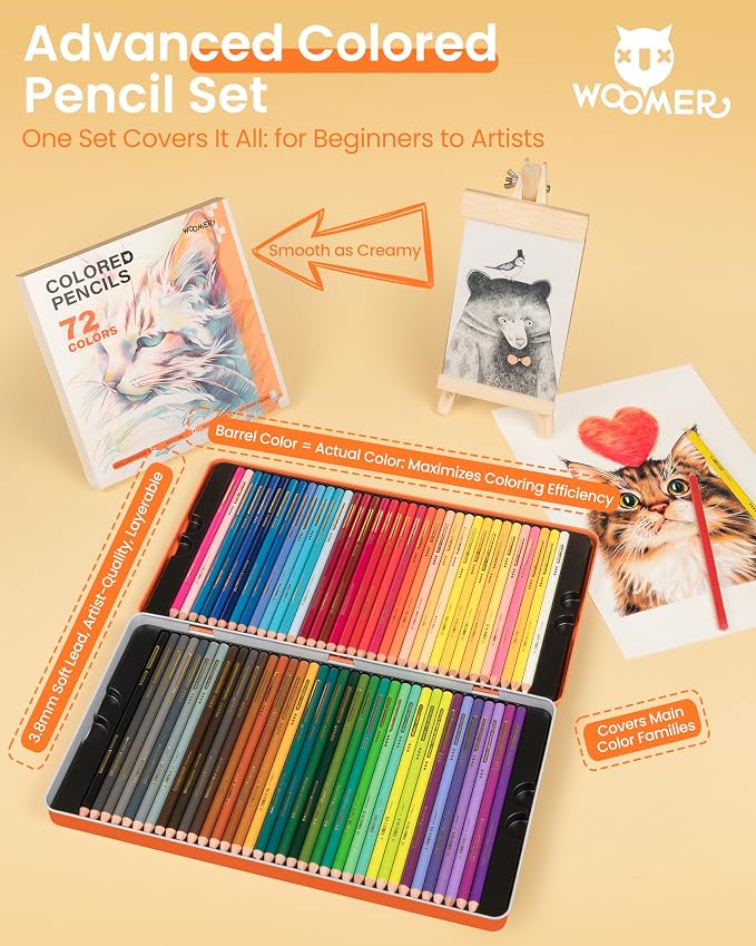Woomer 72 Premium Colored Pencils with 20 Textured Colored Pencil Paper | 3.8mm Soft Core Artist Colored Pencils, Lightfast for Drawing, Blending & Illustration, Metal Tin Gift Box