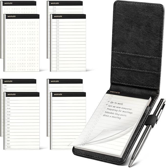 WEMATE 10 Pieces Small Notepad Holder Set Pocket Notebook - Included Mini Pocket Notepad Holder Set with 8 Memo Book Refills and Metal Pen for Meetings, Daily Records, and Notes 3 x 5 Inch (Black) | Mini Notepad Holder with 8 Memo Refills & Metal Pen, ...