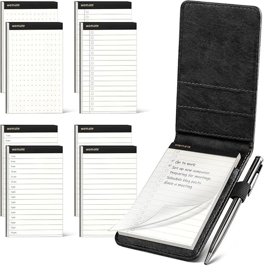WEMATE 10 Pieces Small Notepad Holder Set Pocket Notebook - Included Mini Pocket Notepad Holder Set with 8 Memo Book Refills and Metal Pen for Meetings, Daily Records, and Notes 3 x 5 Inch (Black) | Mini Notepad Holder with 8 Memo Refills & Metal Pen, ...