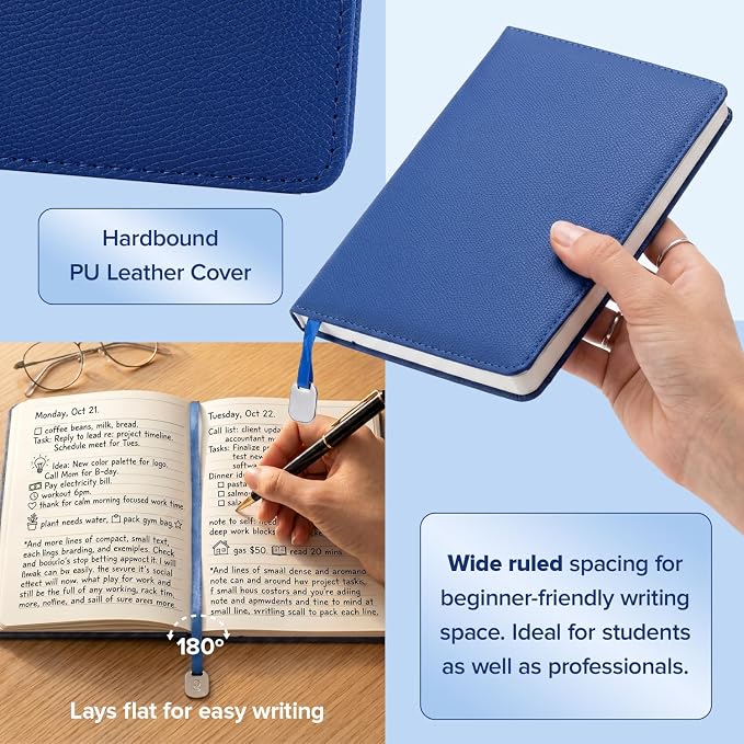 Premium Leather Notebook Gift Set with Pen and Ink Refill, A5 Wide Ruled Notebook for School & Office Supplies, Employee & Teacher Appreciation Gifts, 200-Page Lined Journal for Men & Women, Blue