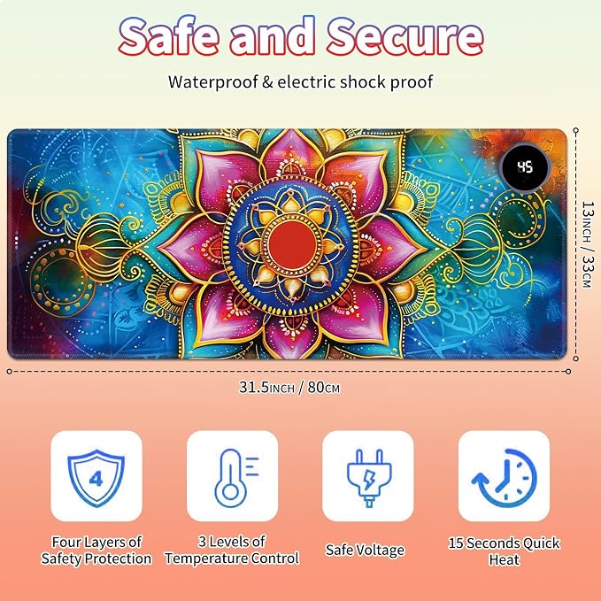 Heated Desk Pad Large Mouse Pad 31.5 x 13 inch with 3 Levels Heating & Auto Shut-Off Warm Mouse pad PU Leather Computer Mousepad for Home Office Work - Colorful Lotus Flowers
