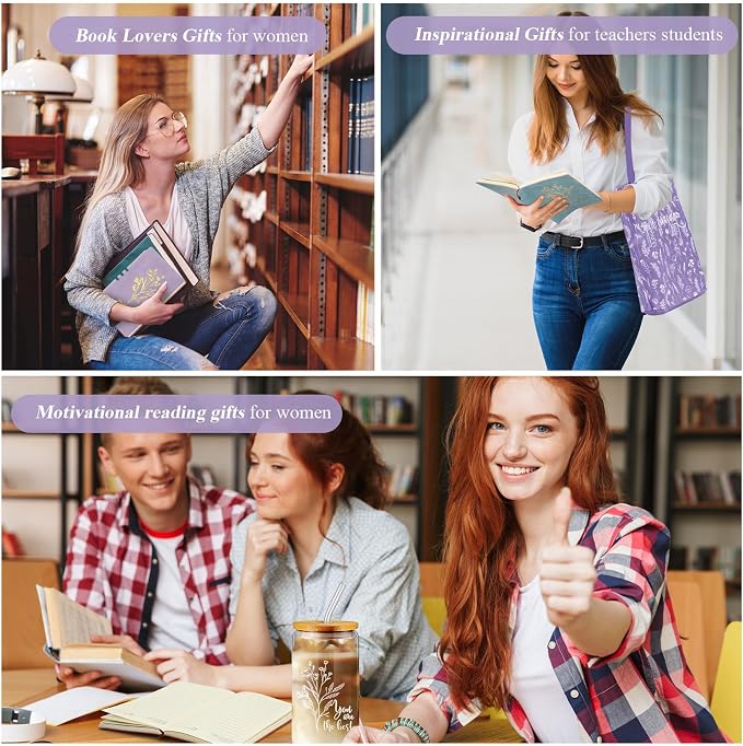 14 Pcs Inspirational Journal Kit for Women Aesthetic A6 Leather Journal Notebook Glass Cup Canvas Tote Bag Motivational Pen Stationery Set for Vbs Sunday School Teacher Back to School(Purple)