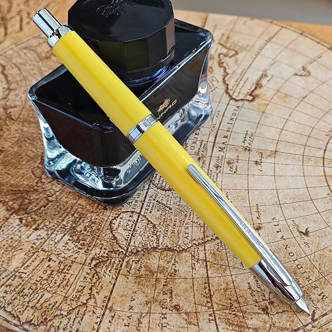 JH 20 Press Retractable Fountain Pen Fine Nib with Converter Resin Writing Gift Pen,Classic Resin Barrel,Writing Pen for Office, School, Business (Yellow, F)