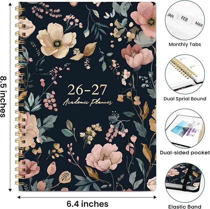 Academic Planner 2026-2027, Weekly and Monthly Calendar Book, July 2026 – June 2027, Hardcover Planner with Tabs, Perfect for Teachers, Students, Women & Men, A5 (6.4" x 8.5") - Evening Petals