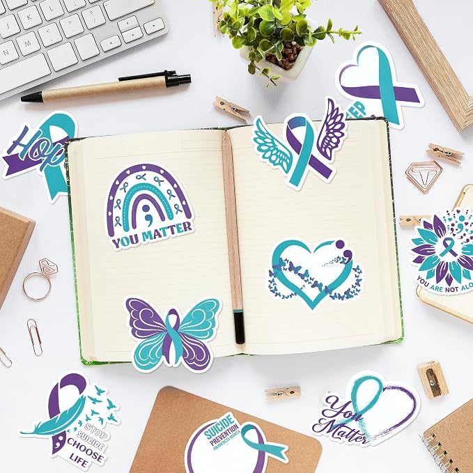Xqumoi 30 Pack Suicide Prevention Awareness Sticky Notes - Purple & Teal Ribbons with Inspirational Message Self Sticky Writing Memo Pads for School Charity Events Party Favors Goodies Bag Fillers