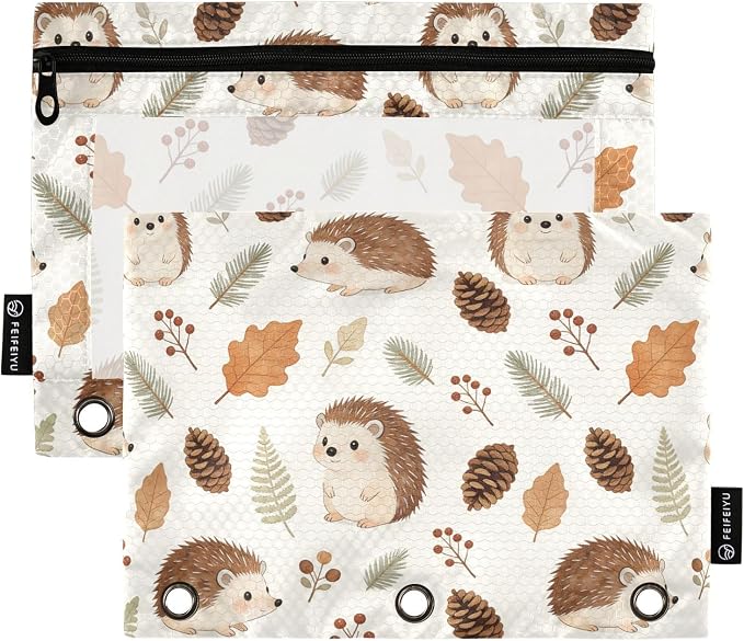 Hedgehog Pencil Pouches for 3 Ring Binder, Zipper Binder Pencil Case, 2 Pack Clear Window Case Bag for Office Organizers
