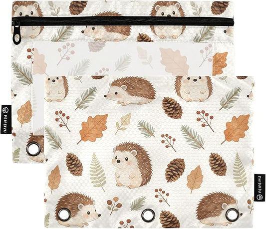 Hedgehog Pencil Pouches for 3 Ring Binder, Zipper Binder Pencil Case, 2 Pack Clear Window Case Bag for Office Organizers