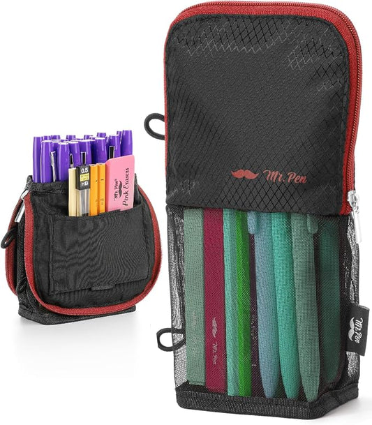 Mr. Pen- Standing Pencil Case Pouch, Sit & Lay Mesh-View Design | Black with Red Zipper, Interior Pocket & 2 Elastic Binder Loops, Cute Pencil Case for Girls and Boys
