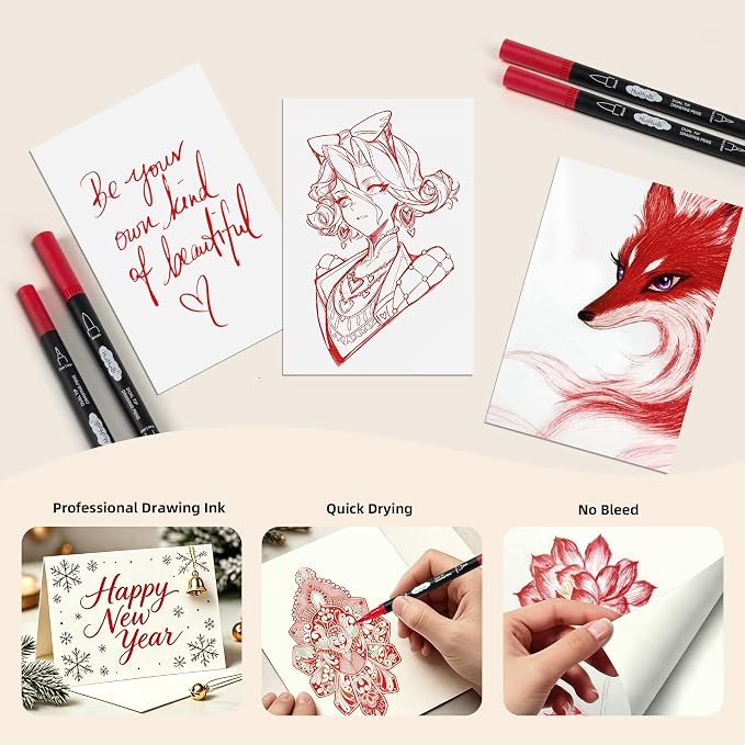 10 Pack Red Markers for Coloring,1-6mm Dual Brush Pens with 0.4mm Fine Tip Markers,Red Drawing Pens for Art Drawing Sketching Calligraphy