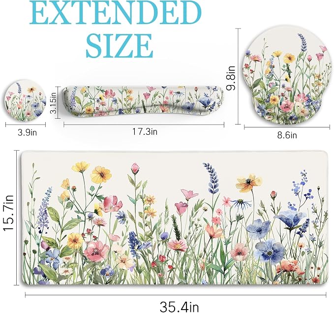 LIMKRIAN Flower Mouse Pad Set Floral Large Desk Matt for Desktop | Ergonomic Mouse Pad with Wrist Rest, Computer Gaming Wrist Support Keyboard Mat, Coaster, Cute Office Desk Decor Accessories