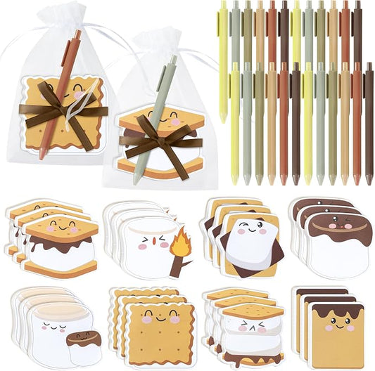 CJiangpo 24 Pack Marshmallow Sticky Note Pad with Pen Gift Set, Cute Self Stick Notepad Memo Pads Ballpoint Pens with Organza Bags, Funny Classroom Rewards Camping Themed Party Favor Gift for Kids